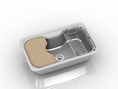 Stainless Steel Kitchen Sink With Wooden Cutting Board And Drainer Rack 3d model