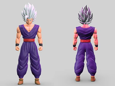 Game Movie Character 3D Model with Silver White Hair Purple Outfit Red Belt and Muscular Build 3d model