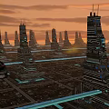 Futuristic Sci Fi Cityscape With Towering Skyscrapers And Sunset Sky Glow