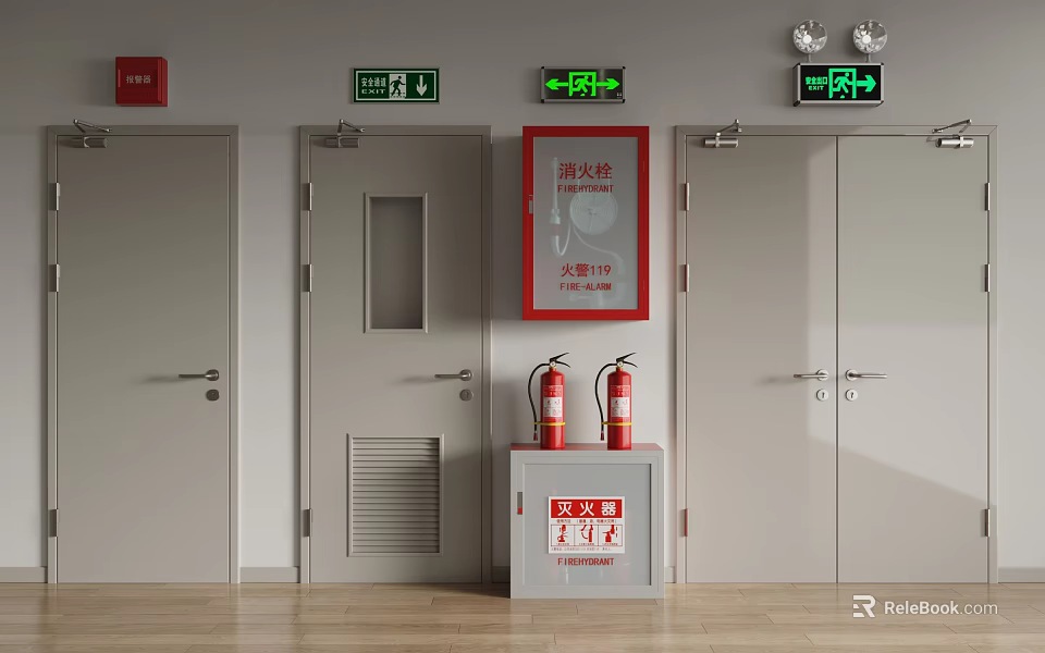 Fire Safety Equipment Cabinet With Emergency Exit Signs Fire Extinguishers And Doors 3d model 