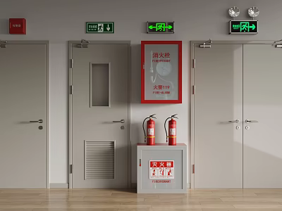 Fire Safety Equipment Cabinet With Emergency Exit Signs Fire Extinguishers And Doors 3d model
