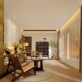 Chinese Style Leisure Room With Seating Art And Plants