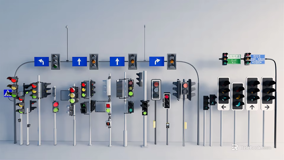 Outdoor Traffic Signal Lights With Arrow Indicators And Various Pole Mounted Designs 3d model 