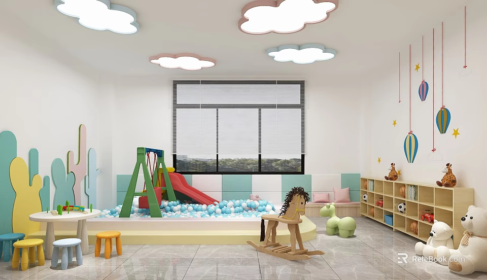 Colorful Kids Playroom With Cloud Lights Slide Ball Pit Rocking Horse And Toy Shelves 3d model 