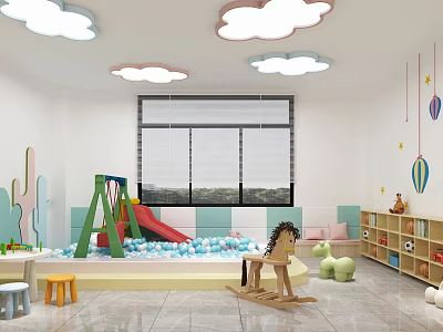 Colorful Kids Playroom With Cloud Lights Slide Ball Pit Rocking Horse And Toy Shelves 3d model