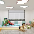 Colorful Kids Playroom With Cloud Lights Slide Ball Pit Rocking Horse And Toy Shelves