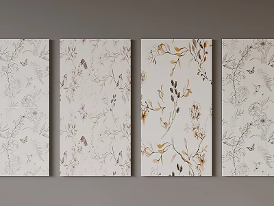 Four Panel Wall Art With Botanical Butterfly Patterns And Neutral Tones 3d model