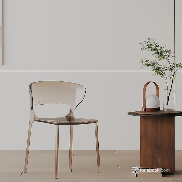 Modern Transparent Leisure Chair With Metal Legs Minimalist Side Table And Green Plant Decor 3d model 