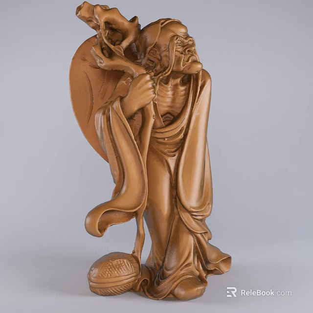 Detailed Traditional Wooden Sculpture Carving of Elderly Figure With Staff and Robe 3d model 