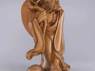 Detailed Traditional Wooden Sculpture Carving of Elderly Figure With Staff and Robe 3d model