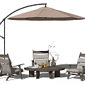 Wooden Outdoor Table with Three Woven Chairs Large Beige Umbrella in Outdoor Setting