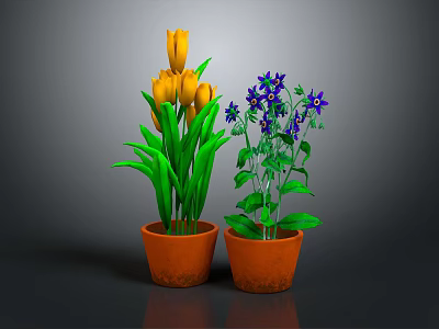 Two Potted Plants With Yellow Tulips And Purple Flowers In Orange Pots 3d model