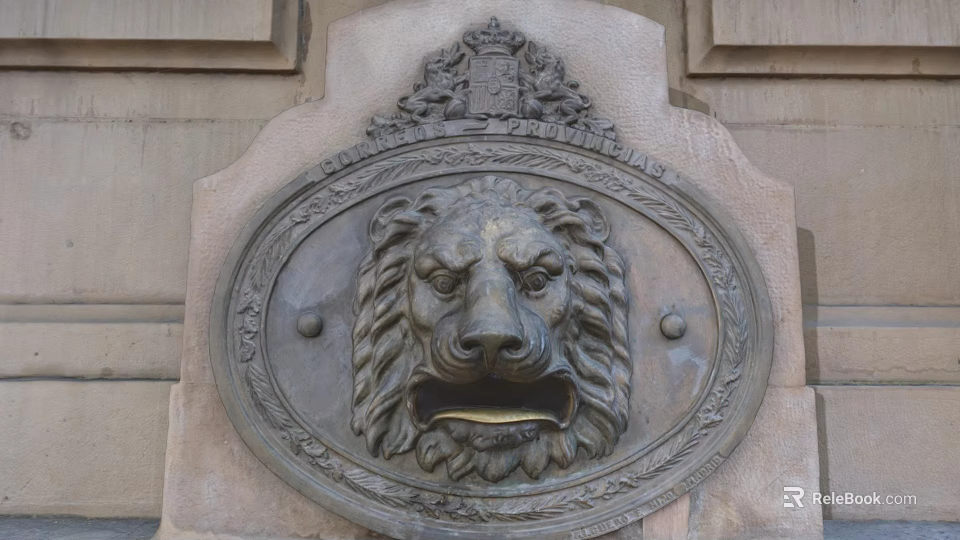 Ornate Bronze Lion Head Door Handle Mounted On Carved Stone Wall Decor 3d model 