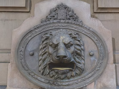 Ornate Bronze Lion Head Door Handle Mounted On Carved Stone Wall Decor 3d model