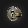 Antique Circular Metal Lock With Ornate Carvings And Green Stone Center