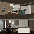 Modern Dining Table Set With Wooden Table Chairs And Marble Kitchen Island 3d model