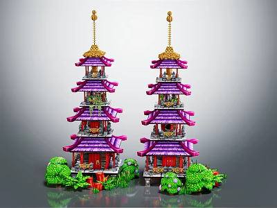 Cartoon Scene of Purple and Pink Traditional Multi story Towers with Green Plants 3d model