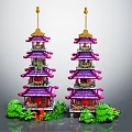 Cartoon Scene of Purple and Pink Traditional Multi story Towers with Green Plants
