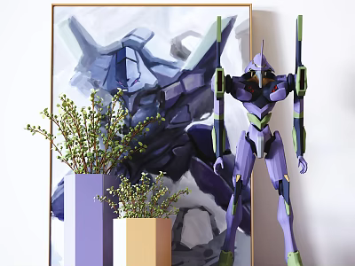Decorative Ornament Set With Purple Mecha Robot Vases Green Plants And Abstract Blue Painting 3d model