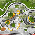 Park Landscape With Circular Designs Green Lawns Curved Paths Yellow Seats Red Walkways And Trees