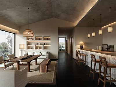 Warm Natural Hotel Public Lounge With Comfortable Seats Wooden Furnishings And Casual Side Coffee Bar 3d model