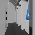 Modern Public Restroom With Blue Stall Doors Black Gender Symbols And White Walls