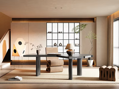 Modern Study Room Interior Design With Wooden Desk Armchair Grid Shelves And Potted Plant 3d model