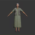 Elderly Woman with Gray Hair Wearing Green Patterned Dress Gray Vest Pink Shoes Arms Outstretched