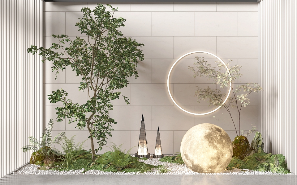 Natural Garden Decorative Scene With Green Tree Circular Light Stone Sphere And Plants 3d model 