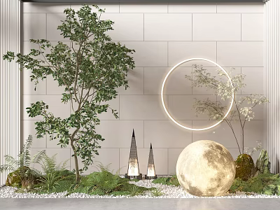 Natural Garden Decorative Scene With Green Tree Circular Light Stone Sphere And Plants 3d model