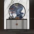 Modern Entryway Console Table With Circular Mirror Decorative Vase And Marble Wall Design 3d model