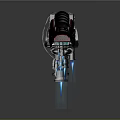 Futuristic Cosmic Spaceship With Blue Thrusters And Red Black Mechanical Design