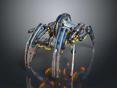 Futuristic Mechanical Spider With Sharp Metal Claws Yellow Accents And Orange Flame Effects 3d model