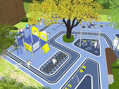 Children's Play Area With Yellow Slide Climbing Frames Large Tree And Blue Play Surface 3d model
