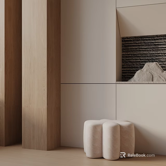 Light Colored Minimalist Side Table With Wooden Pillar Woven Decor And Rockery Ornament 3d model 