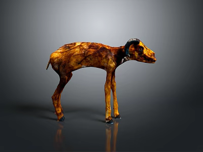 Standing Brown Yellow Textured Ram Sculpture on Dark Reflective Surface 3d model
