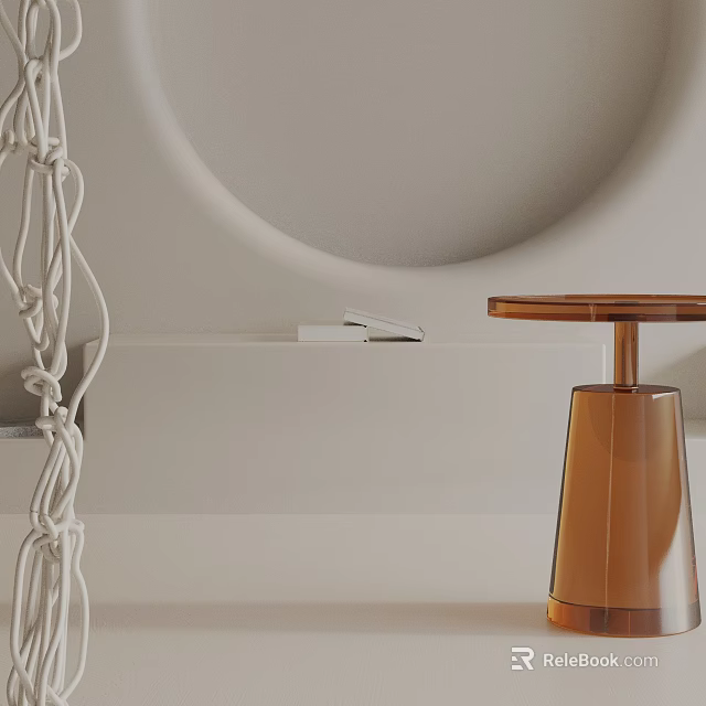 Copper Side Table With Round Top Cone Base Near White Wall Circular Cutout Rope Decor 3d model 