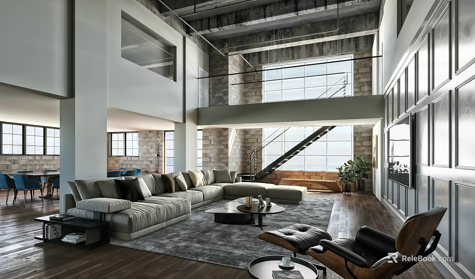Modern Duplex Living Room With High Ceiling Large Windows Staircase Sofa And Green Plants 3d model 