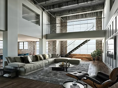Modern Duplex Living Room With High Ceiling Large Windows Staircase Sofa And Green Plants 3d model