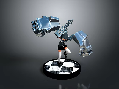Shiny Metallic 3D Girl Character With Large Mechanical Creature Arms On Checkered Base 3d model