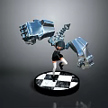 Shiny Metallic 3D Girl Character With Large Mechanical Creature Arms On Checkered Base
