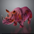 Pink Rhinoceros Sculpture with Red Accents Standing on Dark Background and Reflection