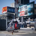 Gray Helicopter With Red Accents Parked On Helipad With Circular Markings
