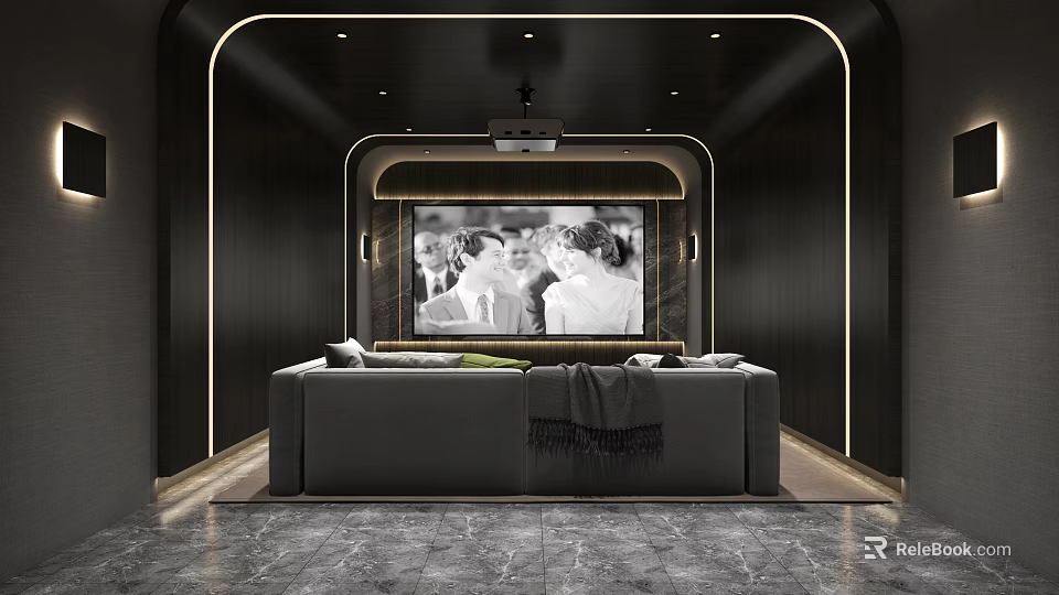 Modern Dark Home Theater Interior With Sofa Projector And Large Screen 3d model