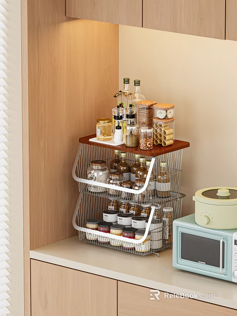 Fresh Fruit Storage Solutions with Metal Wood Three Tier Kitchen Shelf and Appliances 3d model 