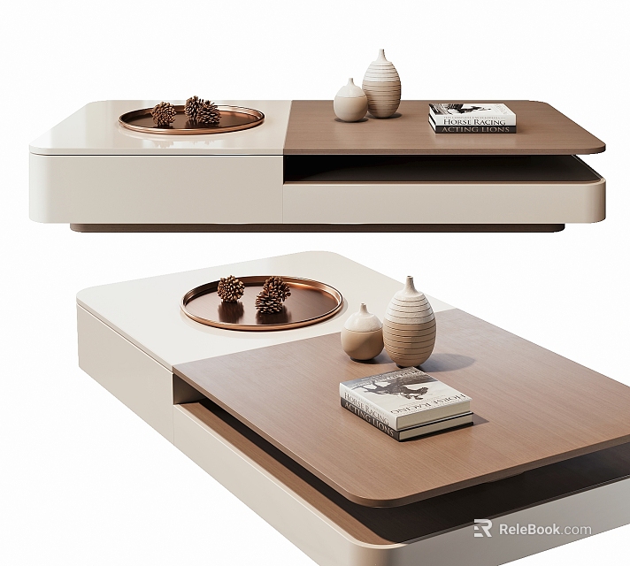 Modern Coffee Table With Dual Tone Top Brass Tray Decorative Items Ceramic Vases And Book 3d model 