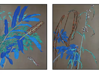 Botanical Artwork With Blue Green Leaves Brown Stems and Small Bird Details 3d model
