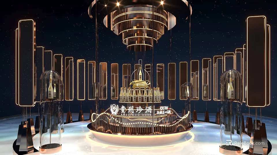 Luxury Display Shelves with Circular Golden Decoration and Glass Showcase for Moutai 3d model 