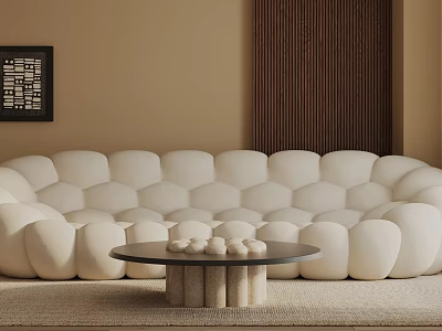 Contemporary White Three-Seater Sofa In Beige Interior With Round Coffee Table And Dark Slatted Wall 3d model