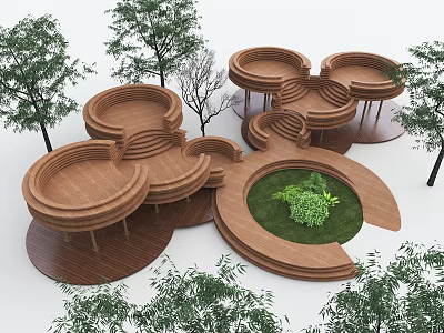 Circular Wooden Outdoor Structures With Central Green Lawn And Surrounding Trees 3d model